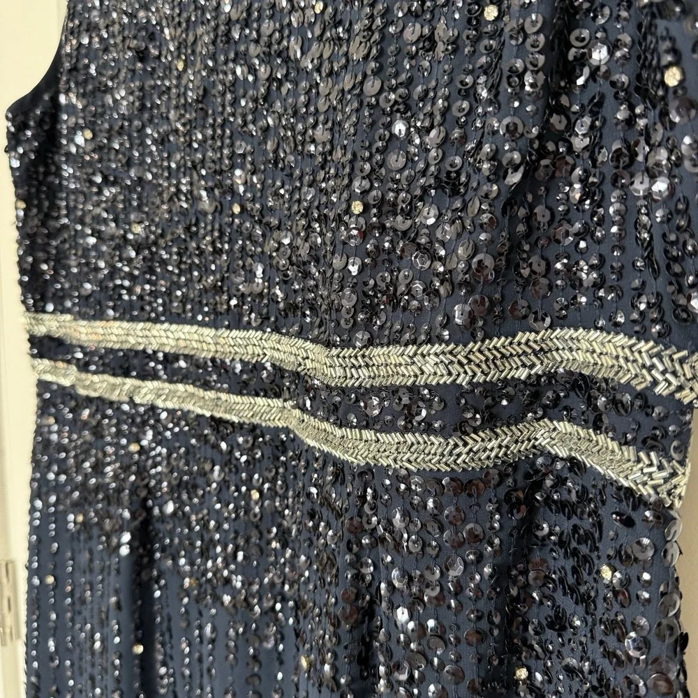 MAC DUGGAL $398 Sequined Sleeveless High Neck Column Gown Dress Navy Size 16 - Picture 5 of 8